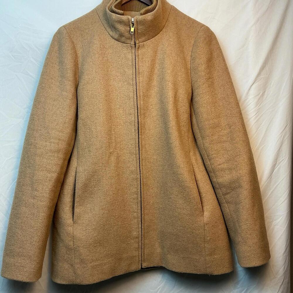 J Crew Wool Coat Womens Size 10 Tan  Full Zip Jacket Mock Neck Lined Casual